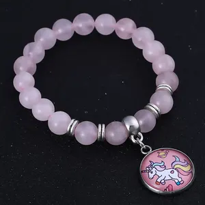Pulseras de unicornio con cuentas de piedra de Lava azul para mujer y niña, regalo de cumpleaños hecho de fábrica, cuentas de cristal rosa