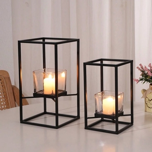 Modern Black Metal <b>Lantern</b> Candle Holder <b>Set</b> with Glass Votive Holders Geometric Tabletop Candle Stand for Living Room Dining - Product Image 1
