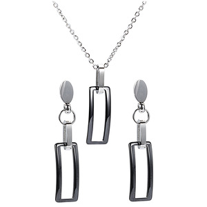 Ensemble collier et boucles d'oreilles rectangulaires géométriques en acier inoxydable pour femmes, bijoux de fête, accessoires de mode noir et blanc - Product Image 1