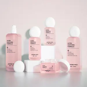 New Design Frosting Pink Color Glass Cosmetic Bottle Set Square Lotion Pump Bottle Face Cream Jars Empty Cosmetic Containers