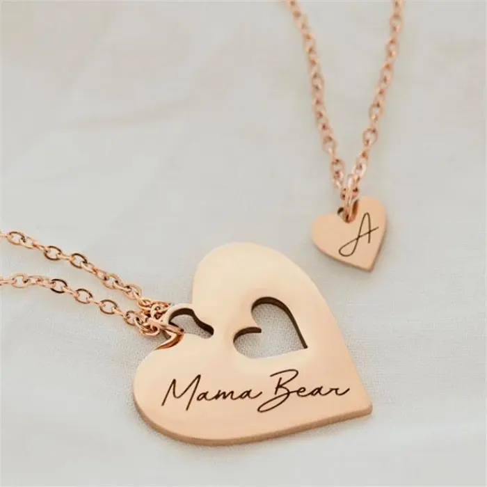 Popular the love between mother and daughter necklace set custom engraved heart chain necklace gold stainless steel jewelry