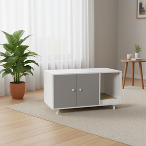 Enclos pour litière de chat avec séparateur, double porte, 100L, rectangulaire, gris, blanc, marron, plastique, fonctionnement manuel - Product Image 2