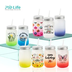 PYD Life RTS Free Sea Shipping US 15 oz Custom Logo Tumblers Cups Frosted Glass Sublimation Mason Jar with Lid and Straw
