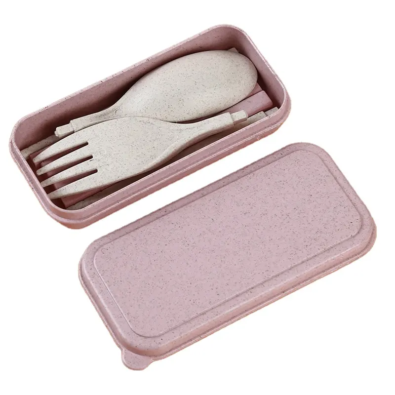 Portable Wheat Straw Fork Cutlery Set Foldable Folding Chopsticks Cutlery Set With Box Picnic Camping Travel Tableware Set