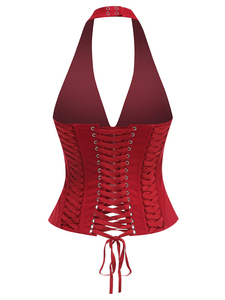 Top Corto Ajustado con Tirantes para Mujer, Sexy, Cuello en V, Espalda Descubierta, Corsé de Verano con Cordones, <span class=keywords><strong>Camiseta</strong></span> Roja - Product Image 6