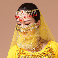 Jh490 Sexy Mysterious Lady Belly Dance Face Veil Voile Sequin Bead Wrap Scarf