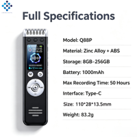 Dispositivo de Transcripción de Voz con IA, 188 Idiomas, Modos Duales, Pantalla IPS de 1.14 Pulgadas para Control por Aplicación, 8-128 GB, Tipo C, MP3, Metálico