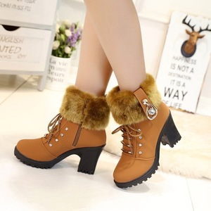 Bottines tendance en fausse fourrure Xuanhui, talon haut, lacets, fermeture éclair latérale, bottes d'hiver pour femmes, bottes de neige pour femmes - Product Image 3