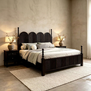 Premium <b>Queen</b> <b>Size</b> Dark Wood Spindle <b>Bed</b> With Arched Rattan Headboard For Farmhouse Bedroom - Product Image 1