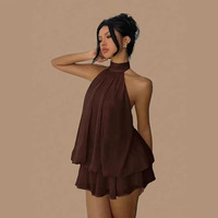 Gaun Liburan Pantai Pendek Bahan Sifon Model Halter Neck A-line High Waist Seksi Gaya Sanya Eropa/Amerika untuk Pesta Teh