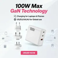 Chargeur rapide GaN 100W PD100W QC18W à 3 ports USB C, adaptateur secteur avec prises UK EU AU pour les voyages internationaux