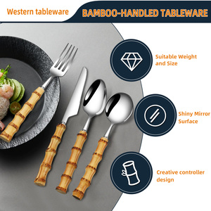 Sinh thái thân thiện Flatware Set <span class=keywords><strong>Durable</strong></span> dao kéo nhà bếp thìa nĩa và Knife Set với tre xử lý - Product Image 3