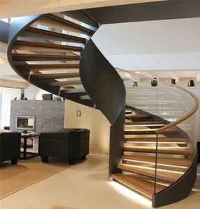 CBMmart customized steel stringer white oak wooden treads tempered glass railing arc staircase spiral stairs curved staircase
