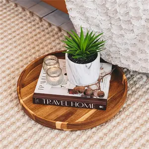 फार्महाउस सजावट बांस कॉफी टेबल ट्रे गोल लकड़ी सर्विंग प्लेटर लकड़ी सर्विंग ट्रे