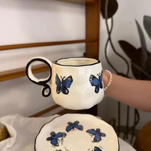 Vintage French Style Hand Painted Butterfly Pattern Irregular Finish Eco-Friendly Blue <b>Ceramic</b> 270ml Dishwasher Microwave <b>Cup</b> - Product Image 6