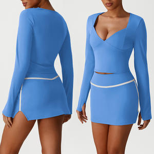Roregal Set rok tenis kebugaran wanita, atasan lengan panjang Yoga kasual leher V seksi - Product Image 3