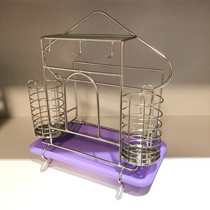 Stainless Steel Knife Rack Roof Shape With Cup Holder For Kitchen Storage And Organization - Product Image 1
