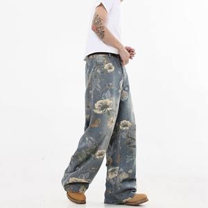 Pantalones de mezclilla unisex de cintura alta con estampado floral retro americano, diseño de nicho, pierna ancha y holgada, a la moda, para comercio exterior 2025 - Product Image 3