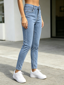 Jeans de Cintura Alta, Corte Recto y Ajustado, Desgastados, para Mujer, en Mezclilla Lavada, Casuales, Largos, de Algodón Azul, Estilo Primavera-Verano - Product Image 2