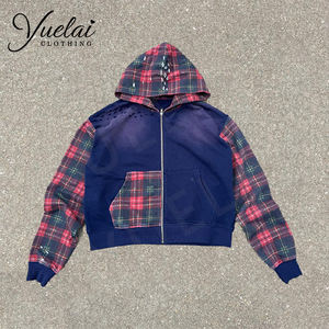 <span class=keywords><strong>Sudadera</strong></span> con Capucha Personalizada para <span class=keywords><strong>Hombre</strong></span>, 100% Algodón, Diseño a Cuadros, Bloques de Color, Estilo Vintage, Lavado Ácido, con Cremallera - Product Image 1