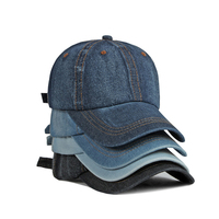 Casquette de baseball vintage non structurée en denim délavé avec étiquette en cuir et surpiqûres contrastées, 6 panneaux, style délavé à la pierre, vente en gros
