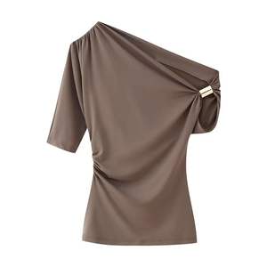 Chemise décontractée d'été vintage pour femmes - Manches courtes simples, coupe ajustée, asymétrique, respirante, séchage rapide, polyester uni - Product Image 2