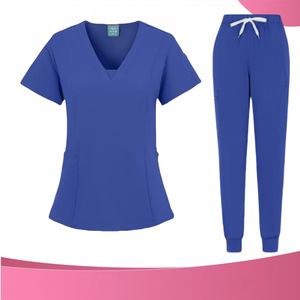 V Neck Short Sleeve Scrub Set Women's Hospital Uniform Knitted Moisture Wicking Split Set Pink Green Blue Purple - Product Image 4