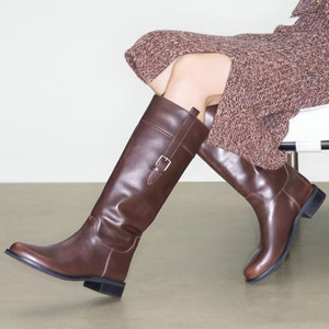 Metal Buckles Top Wide Shoes Flat Heels Knight Long <b>Boots</b> Women's Wide Fit Knee High Patchwork Round Toe Booties - Product Image 4