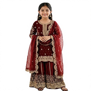 Salwar Kameez Tendance pour Filles, en Soie de Luxe, Broderie Dorée Lourde, Couleur Bordeaux, Infroissable, Style Pakistanais Indien, pour Enfants, Festif - Product Image 1