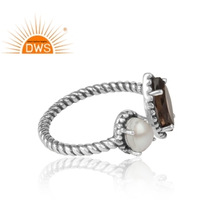 Natural <b>Pearl</b> and Smoky Quartz Gemstone <b>Ring</b> Handmade Twisted Designer <b>Ring</b> Oxidized Silver Adjustable <b>Ring</b> Manufacturer - Product Image 2