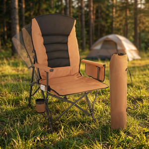 Chaise de camping pliable d'extérieur avec porte-gobelet et sac de transport, cadre en aluminium marron, tissu Oxford, chaise de jardin décontractée - Product Image 1
