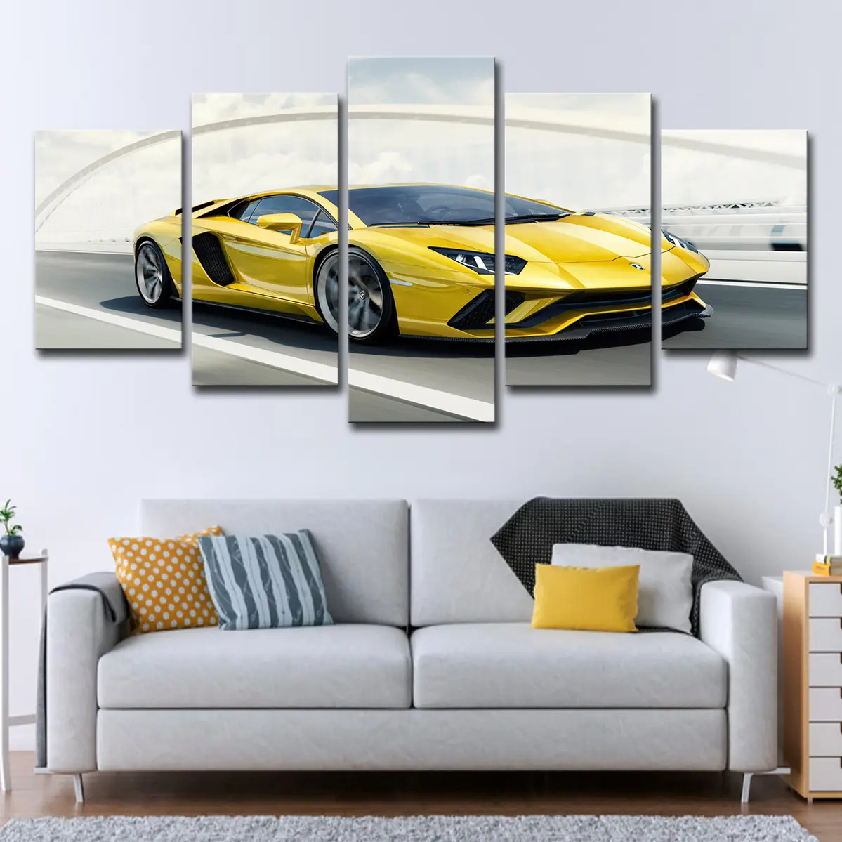 5 pannelli ad alta risoluzione Sport Super Car giallo Lamborghini in poliestere con stampa artistica a prova di acqua