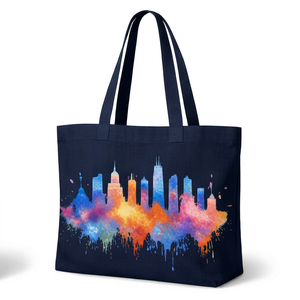 Sac fourre-tout en toile bleu marine à imprimé aquarelle de paysage urbain, grande capacité, avec longues poignées, idéal pour le shopping et l'usage quotidien – Nouvelle collection très prisée - Product Image 3