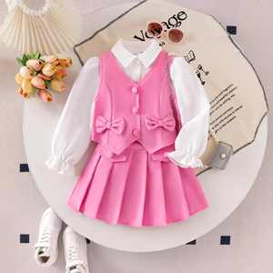 Conjunto Formal Casual <span class=keywords><strong>de</strong></span> Tres Piezas para Niñas, Camisa Blanca, Chaleco Rosa y Falda, Moda Infantil para Uso Diario y Fiestas - Product Image 4