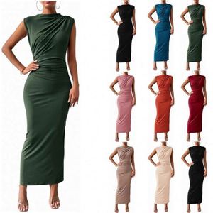Nouvelle Arrivée I-0638 Robe Longue Asymétrique Peinte Sans Manches Décontractée Couleur Unie Dos Nu Moulante Naturelle pour Femme - Product Image 1