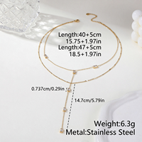 Collier long en Y double couche en acier inoxydable plaqué or avec zircon baguette incrusté et pierre rectangulaire pour femme