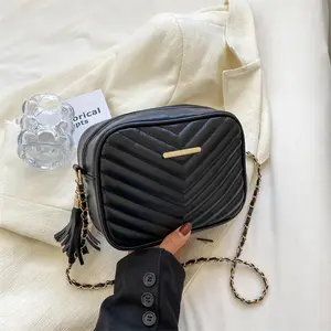 Tas selempang kasual kecil populer untuk wanita mode berlian kisi tas bahu tunggal persegi dengan rumbai
