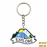EXPLORE Camping Scene Porte-clés en acrylique, motif tente, montagne et feu de camp avec bannière, breloque transparente durable pour clés, sacs, sacs à dos