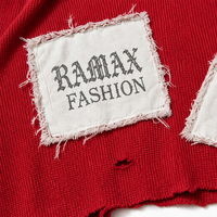 Chemise à manches longues en tricot gaufré RAMAX, style patchwork déchiré, grunge, streetwear Y2K, rouge, pour homme, coupe ample, vente en gros, personnalisable