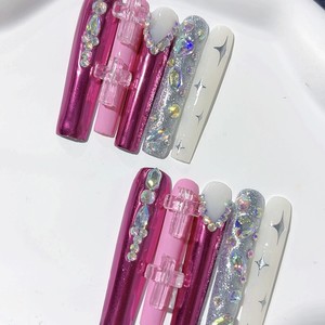 Faux ongles à presser faits main, longs, style ballet, avec 50 petits strass étincelants et brillants, 10 pièces - Product Image 3