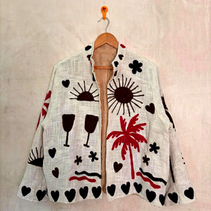 Chaqueta Blanca de Lino y Algodón para Mujer, Bordada con Diseño de Palmeras y Corazones, Manga Larga, Estilo Vacacional, Verano, Frente Abierto - Product Image 1