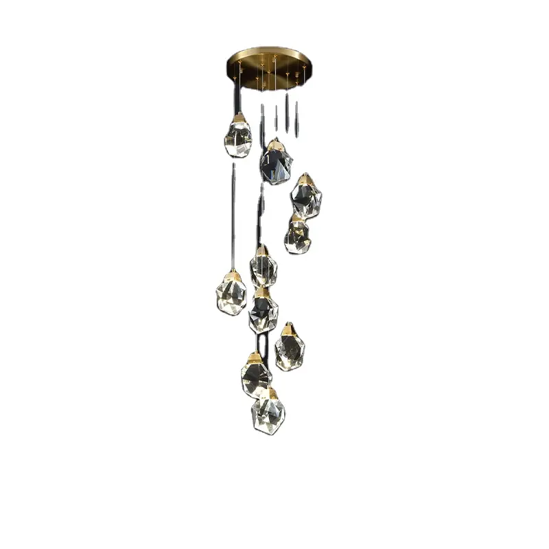 All copper stone crystal high-end stair light luxury villa hollow chandelier rotating multi-head custom crystal copper lamp