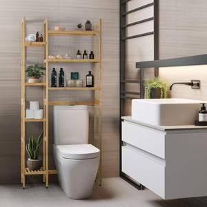 Étagère en bambou sur casier de toilette Étagère de salle de bain derrière l'étagère de toilette avec crochets, pieds réglables Étagère de toilette autoportante de 31 pouces - Product Image 4