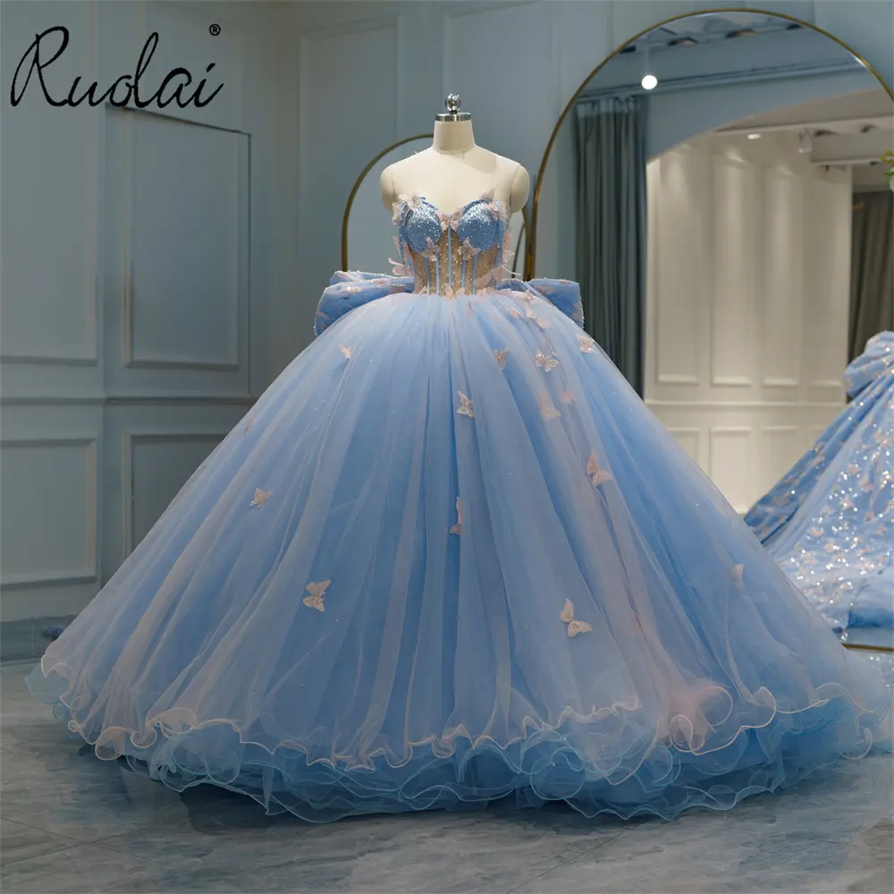 Ruolai LWC6727 Gaun Pesta Kupu-kupu Gaun Quinceanera Sweetheart Biru Impian dengan Pita Belakang