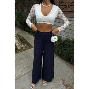 Pantalones Palazzo Elegantes de Pierna Ancha, Cintura Alta, Color Azul Marino, Crepé Antiarrugas, Pantalones para Mujer - Product Image 4