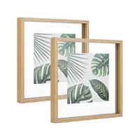 Natural Wood Finished Decorative Transparent Double Sided Glass Floating Photo Frame for Tabletop Photo Display