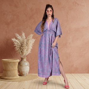 Vestido Maxi Vintage al por Mayor para Playa y Resort - Estampado Floral Bohemio Gitano Hawaiano, Cintura Natural, 100% Seda, Largo hasta el Tobillo - Product Image 4