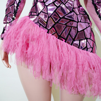 Robe mini en tulle rose réfléchissant à mosaïque miroir, manches bouffantes, style Drag Queen, sexy, pour performance de danse de salon sur scène, personnalisée en usine
