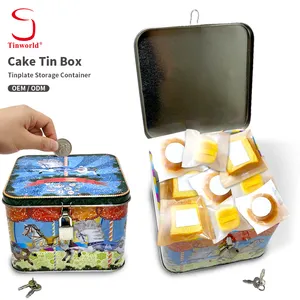 थोक कस्टम टिनप्लेट खाद्य पैकेजिंग स्क्वायर मिठाई धातु कैन/बॉक्स व्यक्तिगत रूप से लॉक के साथ लपेटा हुआ केक टिन