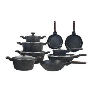 अष्टकोणीय मरने कास्ट एल्यूमीनियम गैर छड़ी cookware सेट एल्यूमीनियम संगमरमर ग्लास ढक्कन के साथ सिलिकॉन रिम उत्कीर्ण लोगो के साथ नीचे